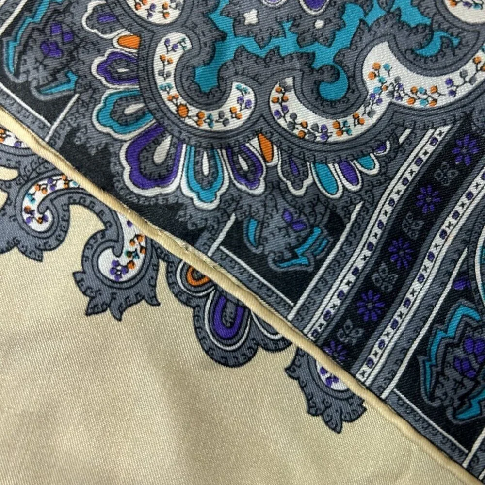 Vintage 100% Silk Colorful Edge Oversized Foulard Paisley Hand Rolled Scarf